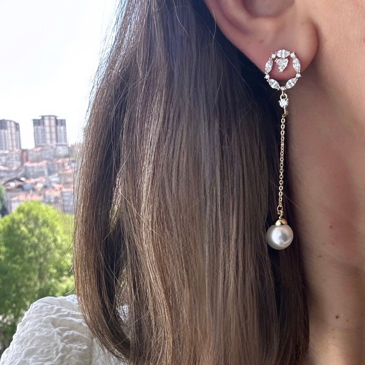 Pearl 14k Rengi Rodyum Kaplama Sallantılı Küpe