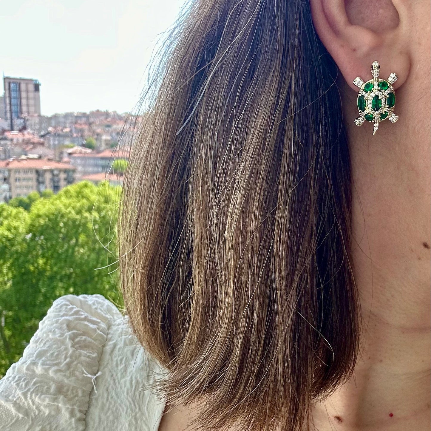 Green turtle 14k Rengi Rodyum Kaplama Küpe